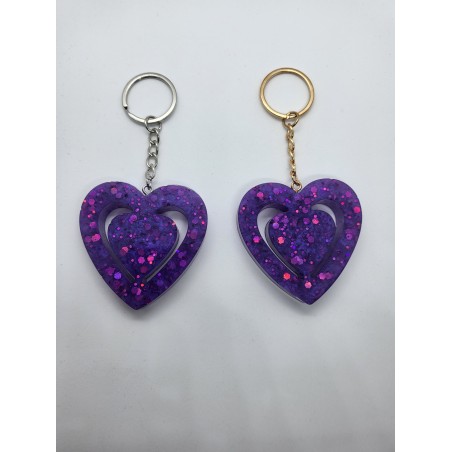 Resin Valentines Heart Keyring - Purple with Glitter