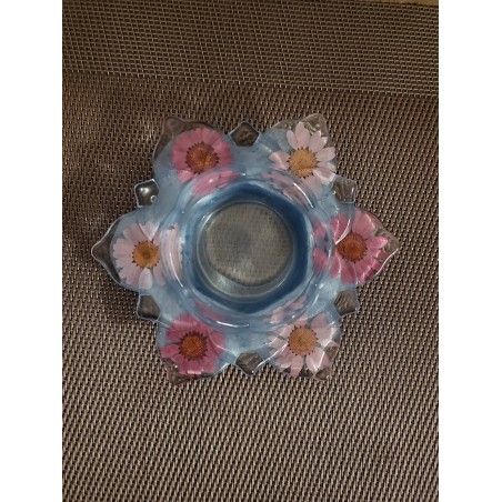 Resin - Lotus Flower Tea Light/ - Clear and Sky Blue with Pink Flowers.